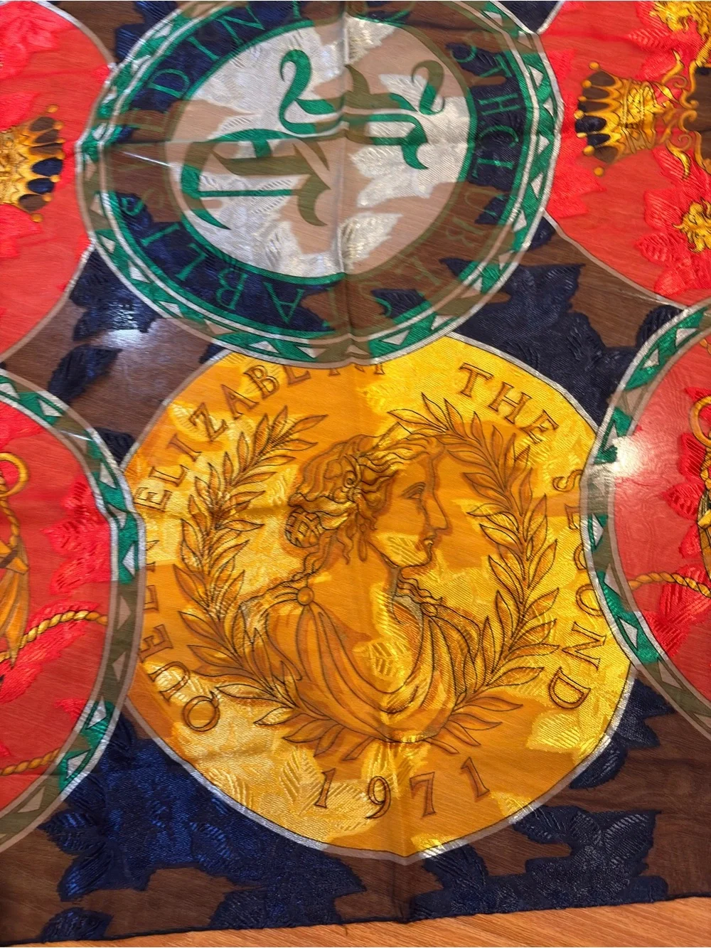 New Sunkyung SA Silk Scarf Queen Elizabeth 1971 Coin Anchor Nautical Red/Navy-34
